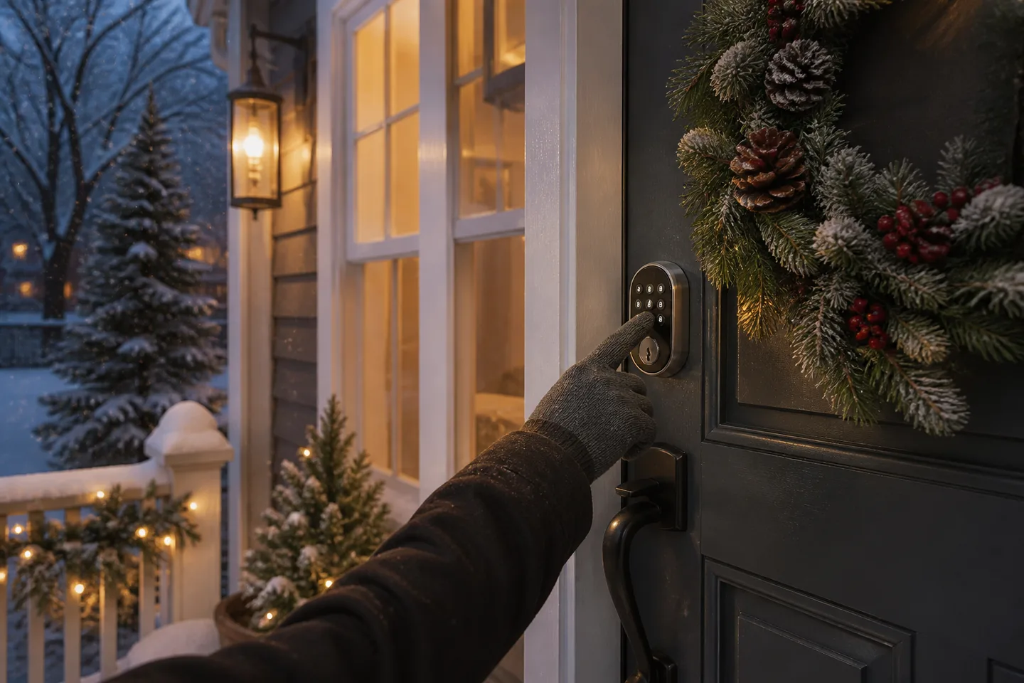 Image spot: a fingertip unlocking the front door at dusk