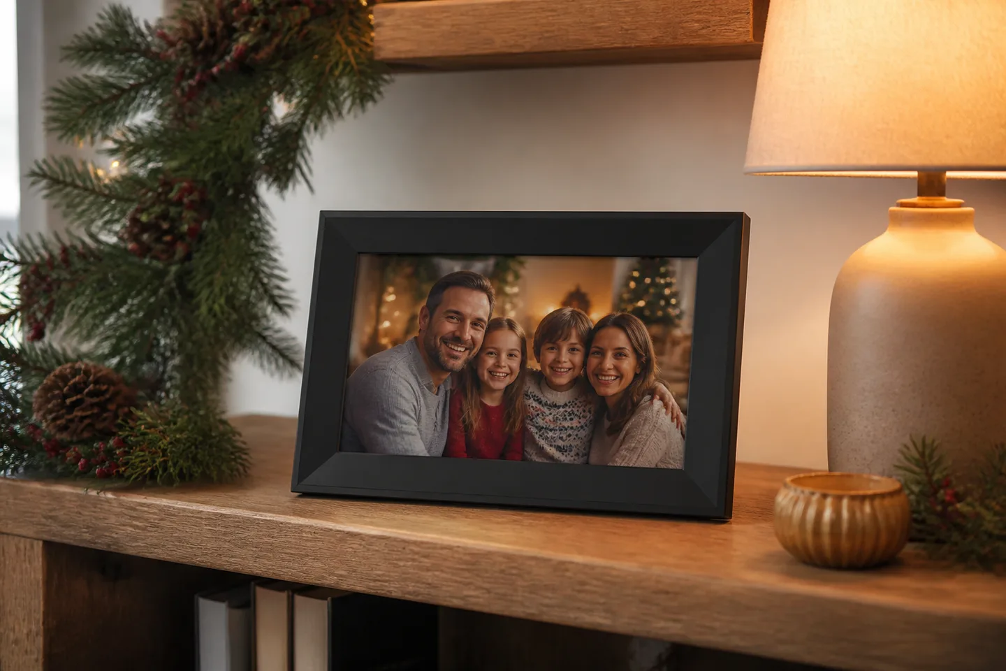 Image spot: the frame glowing on a living-room shelf