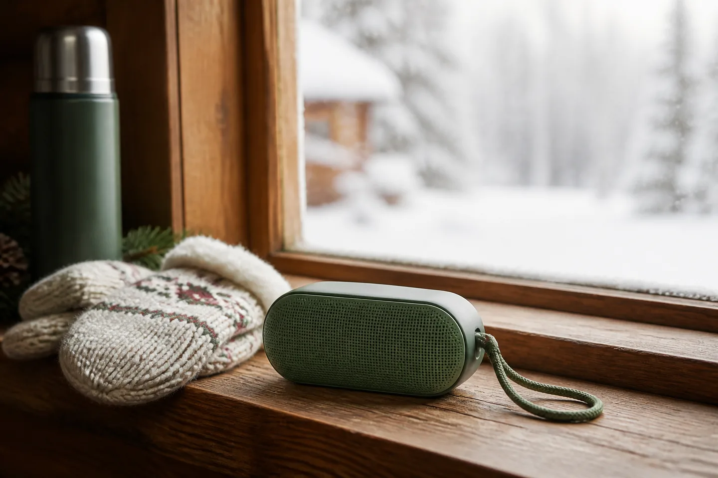 Image spot: the speaker on a winter cabin windowsill