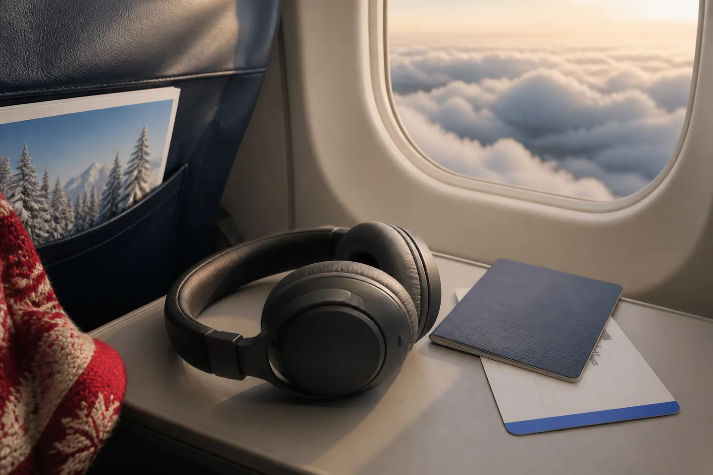 Image spot: headphones on an airplane tray table