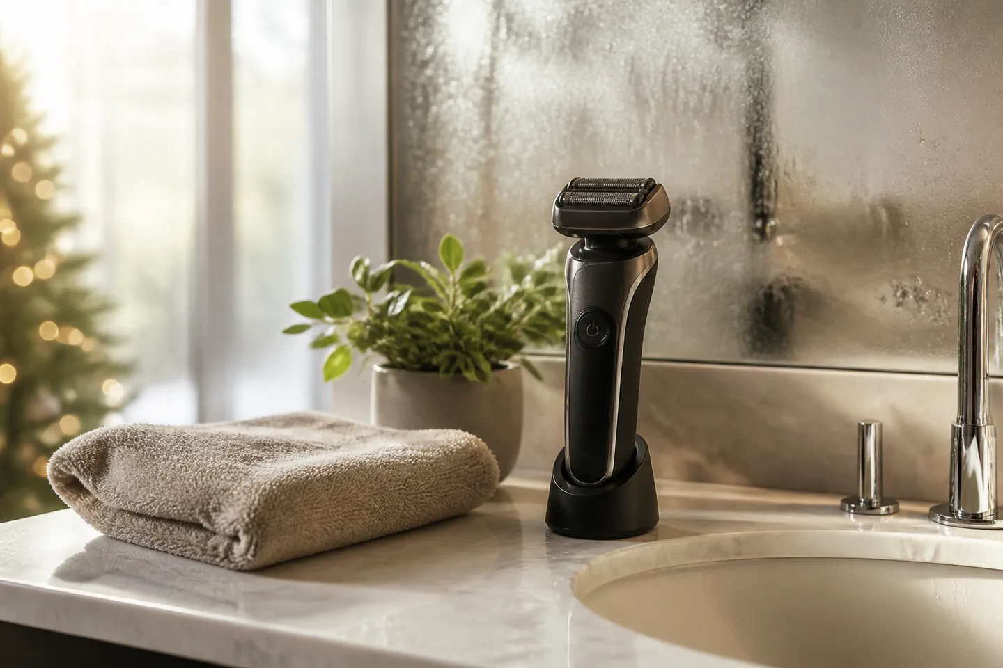 Image spot: the shaver by a steamy bathroom sink