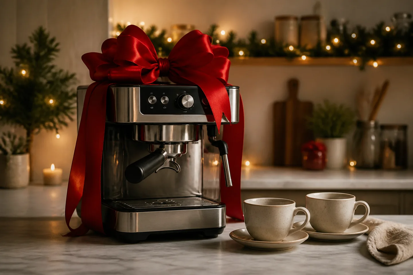 Image spot: the espresso machine with a big red bow
