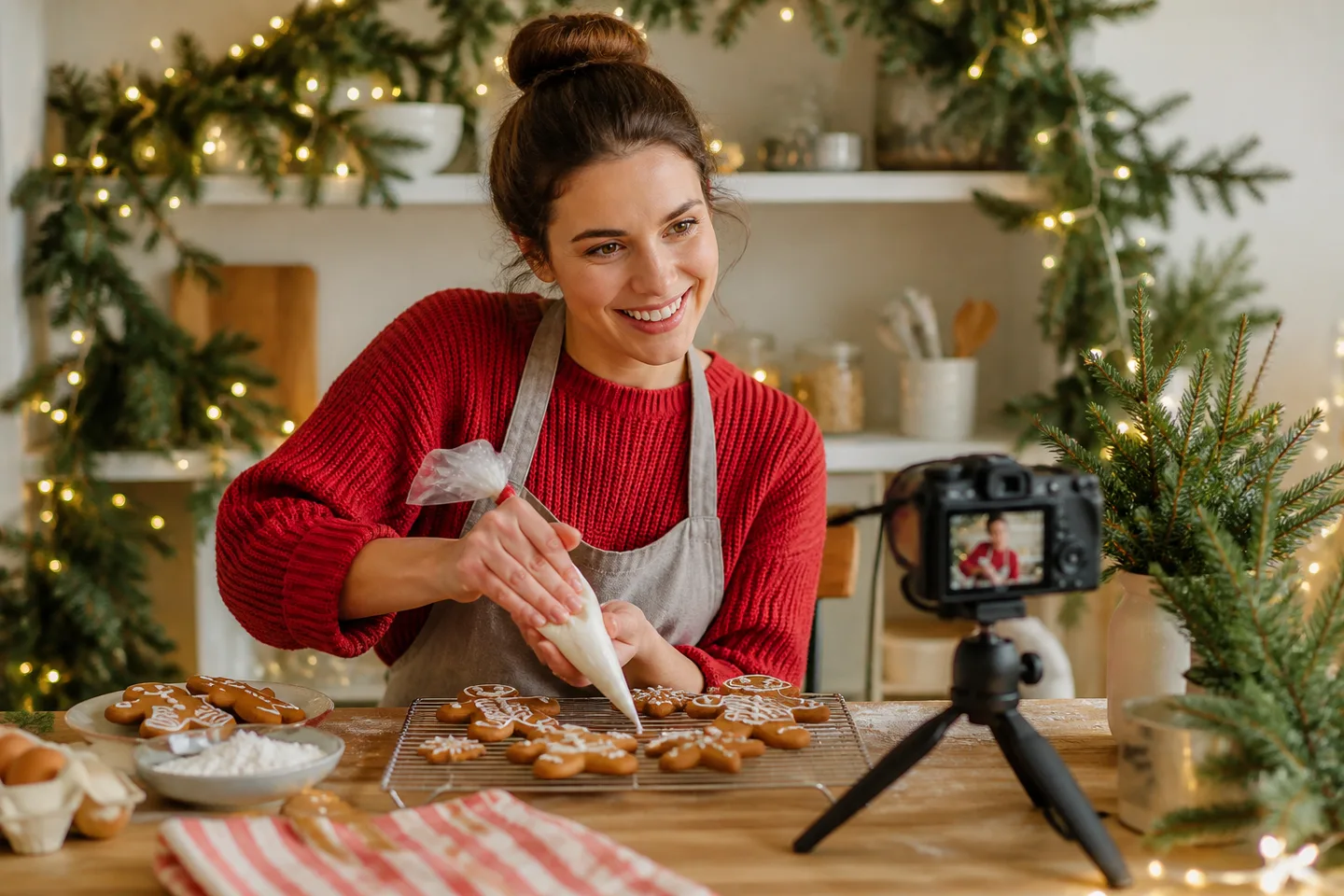 Image spot: a kitchen creator filming a holiday bake