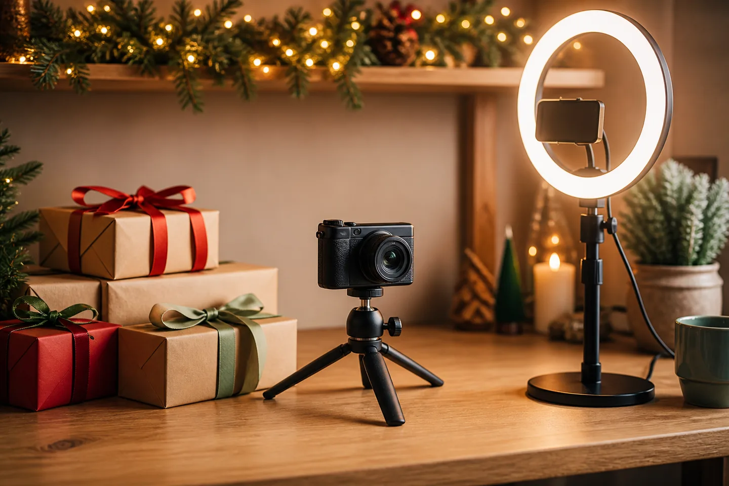 Image spot: the camera gift-wrapped on a creator's desk