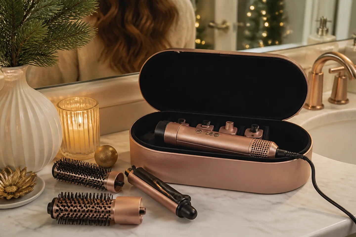 Image spot: the styler and attachments on a vanity