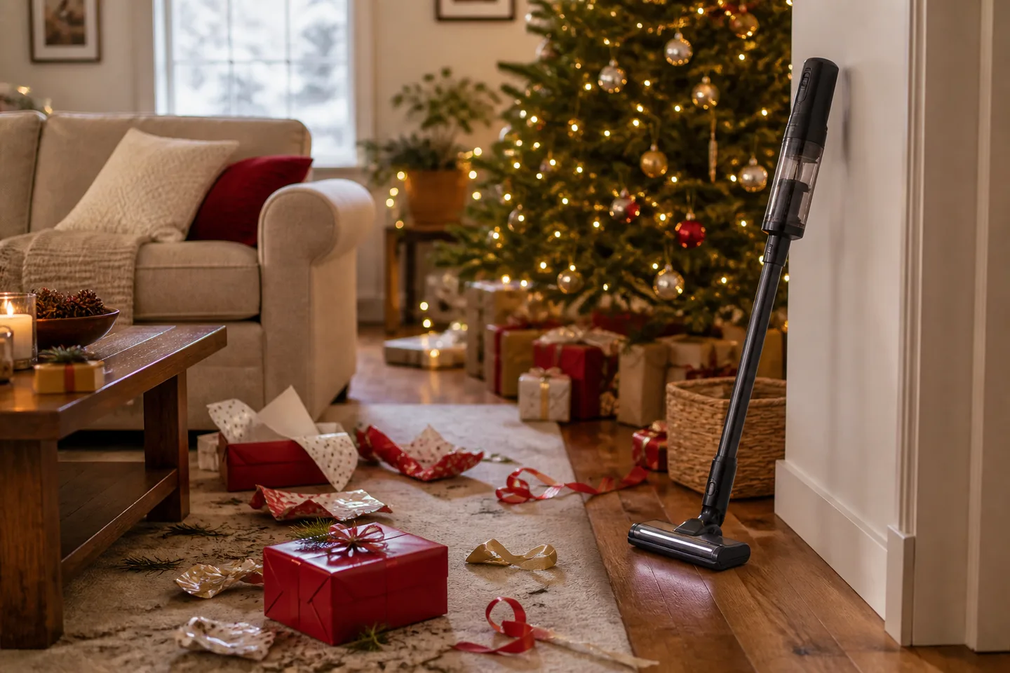 Image spot: tidying pine needles after gift-opening