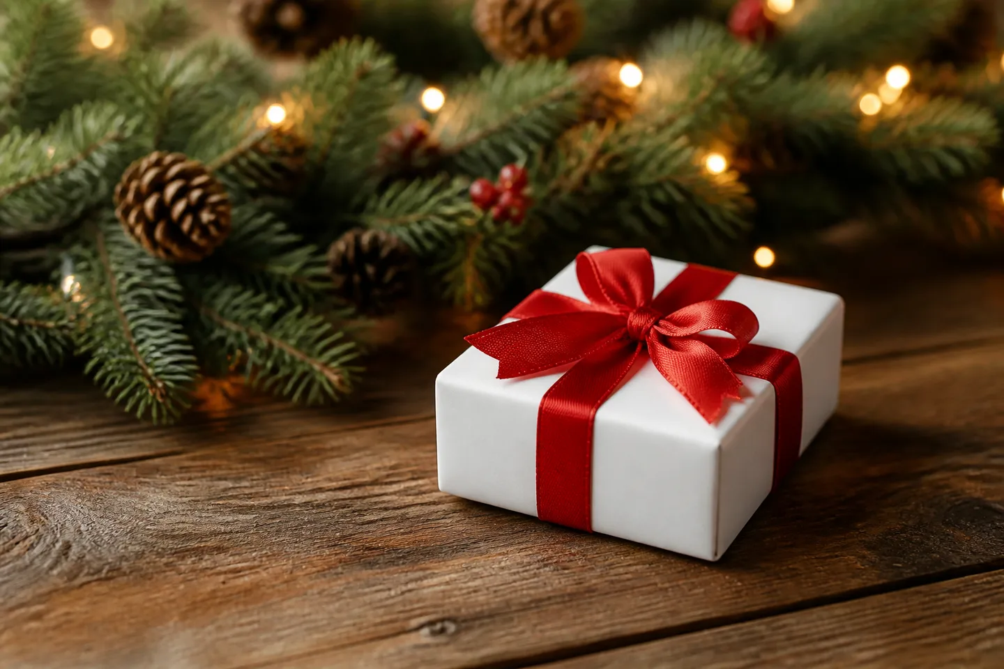 Image spot: a small white gift box under garland