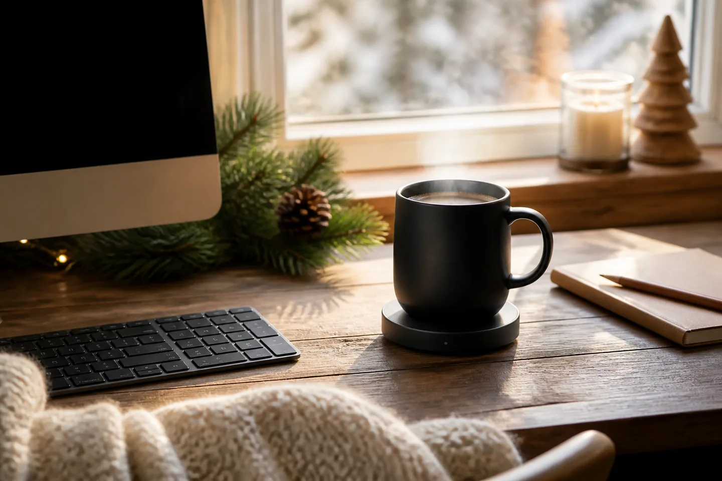 Image spot: the mug steaming on a winter desk