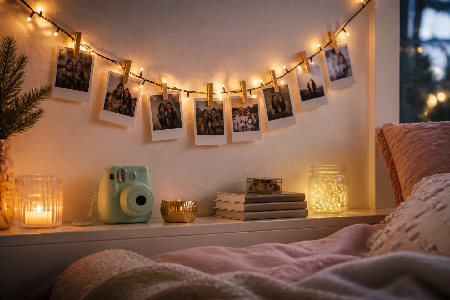 Image spot: instant prints strung as bedroom decor