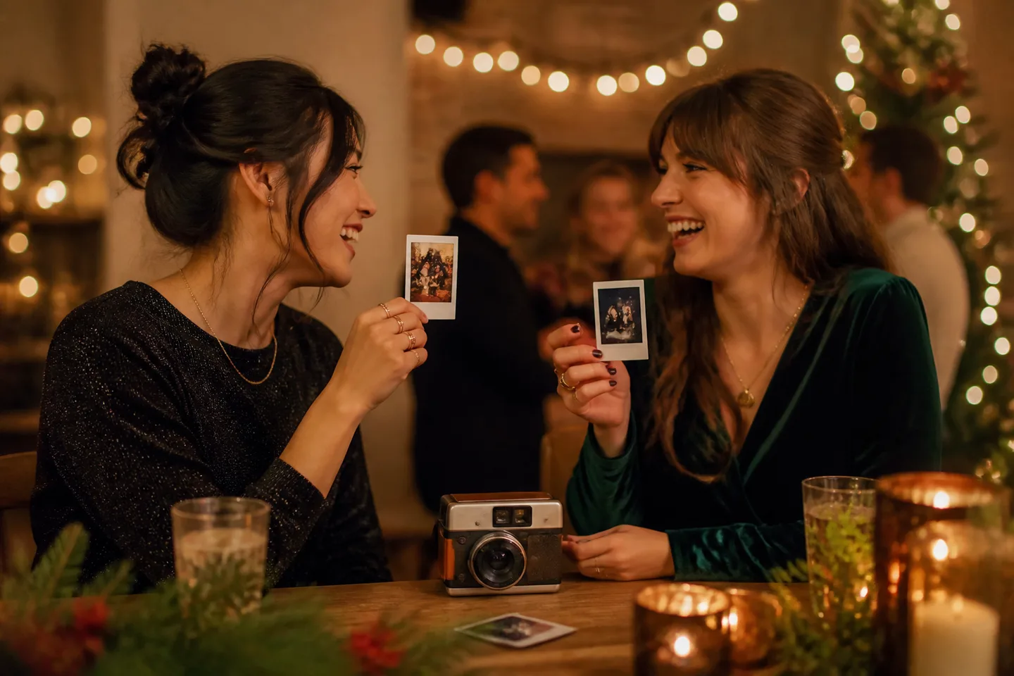 Image spot: friends comparing fresh mini prints at a party