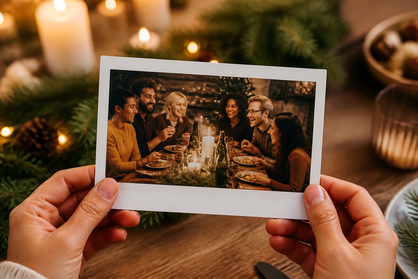 Image spot: a wide instant print of a holiday dinner table