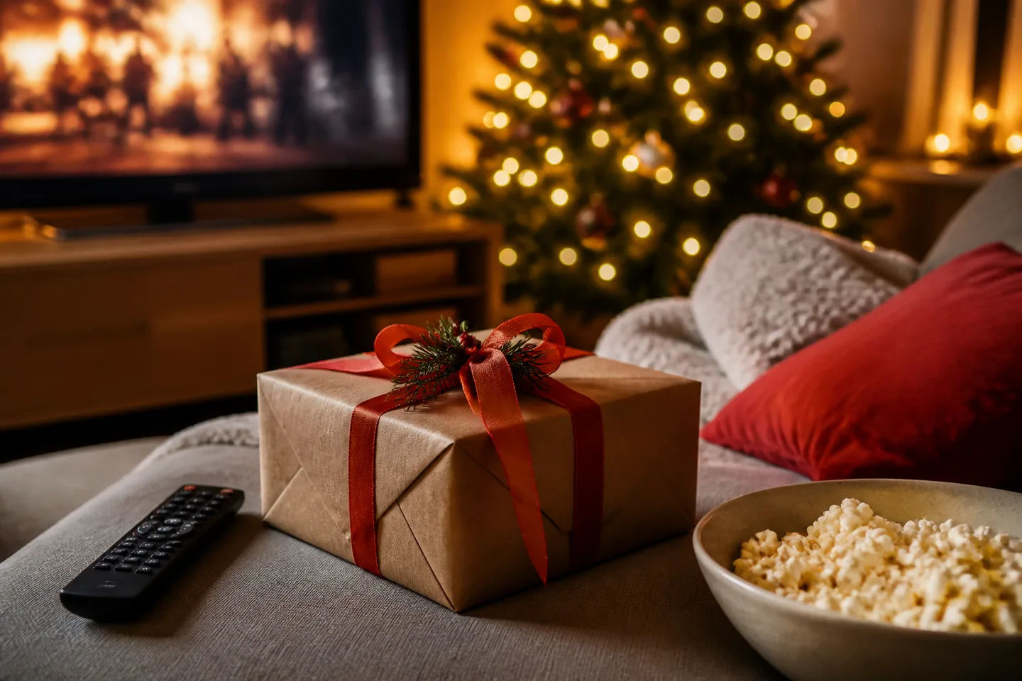 Image spot: a wrapped TV-upgrade gift by the couch