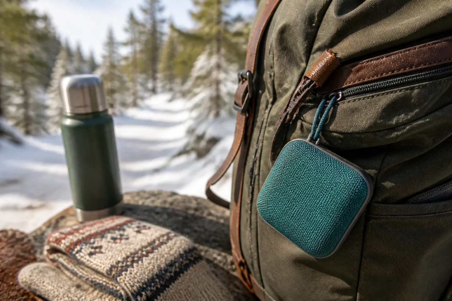 Image spot: a pocket speaker hanging off a day pack