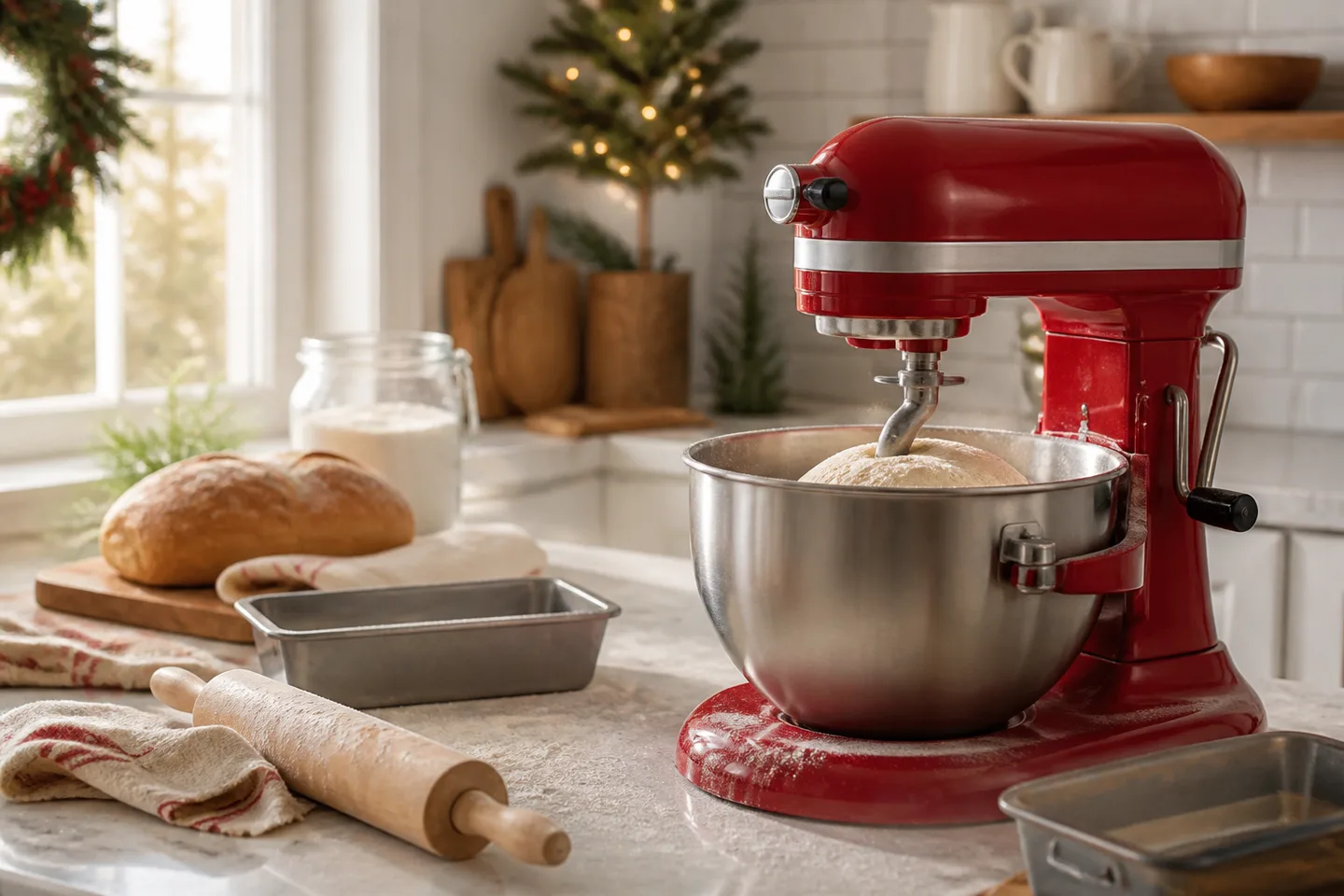 Image spot: the mixer mid-knead on a flour-dusted counter