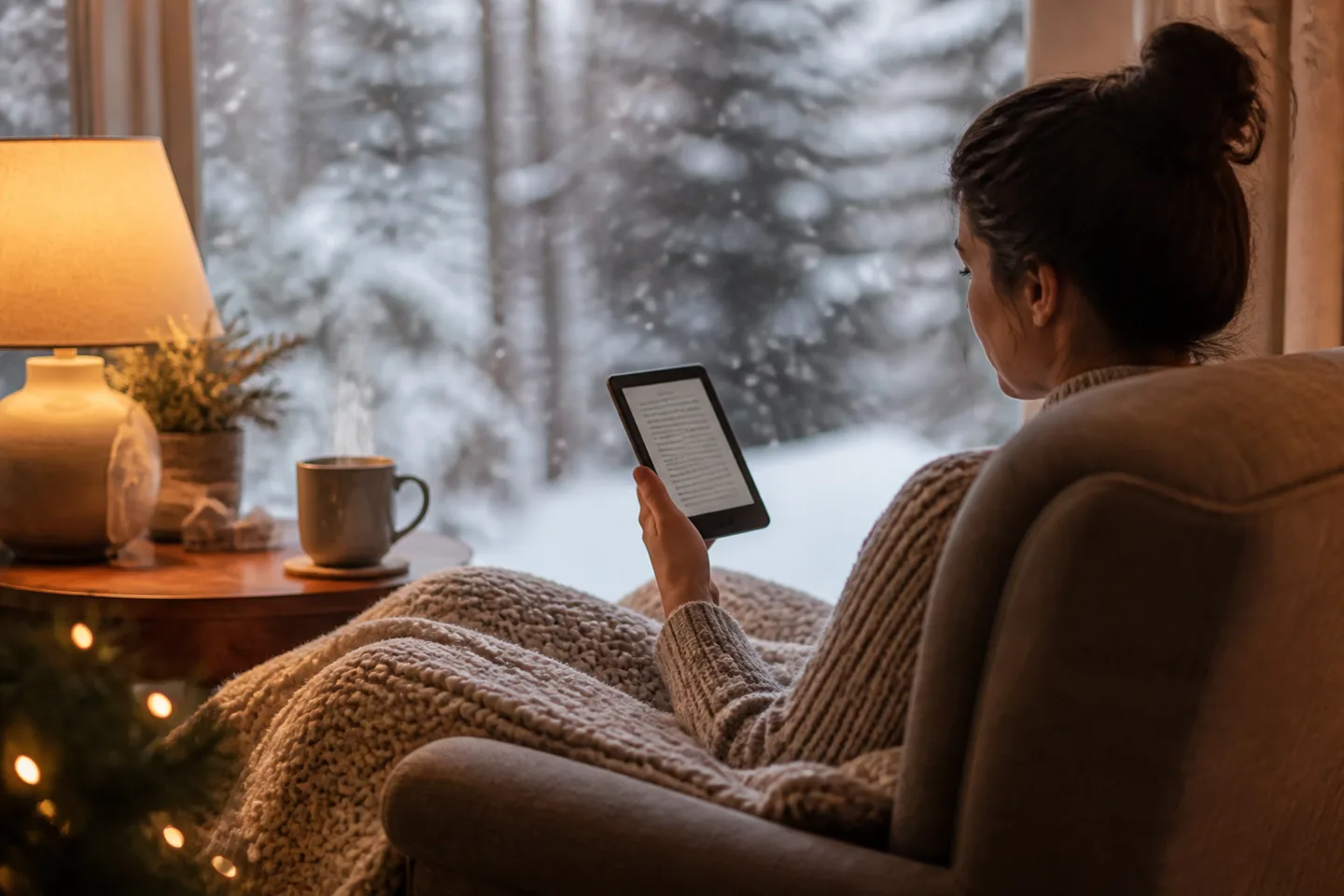 Image spot: reading in an armchair by a snowy window