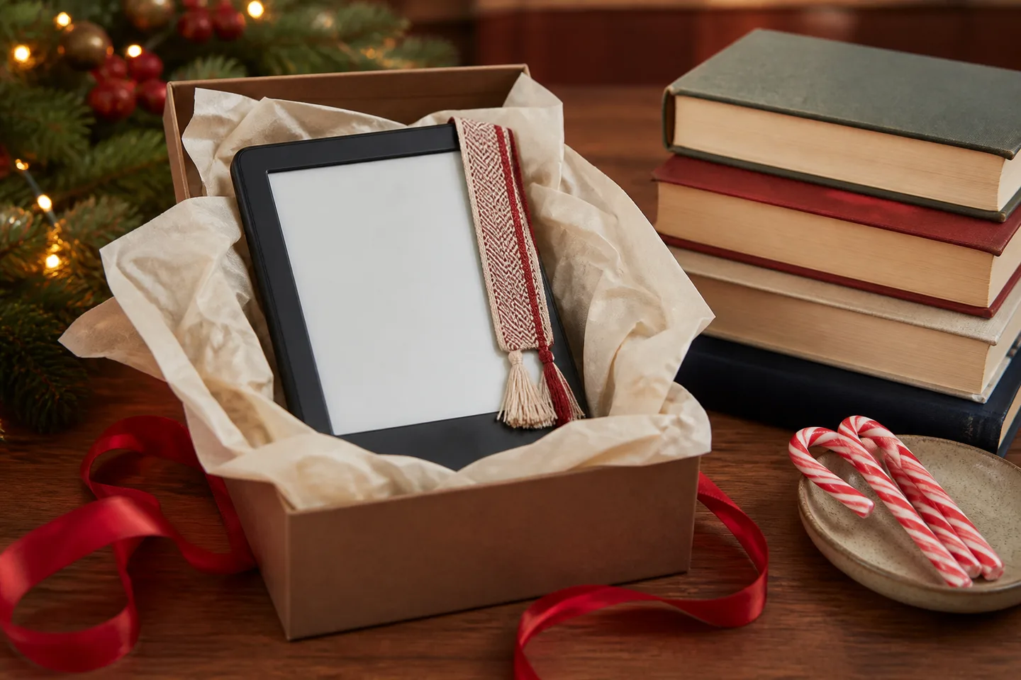 Image spot: the e-reader gift-wrapped beside a book stack