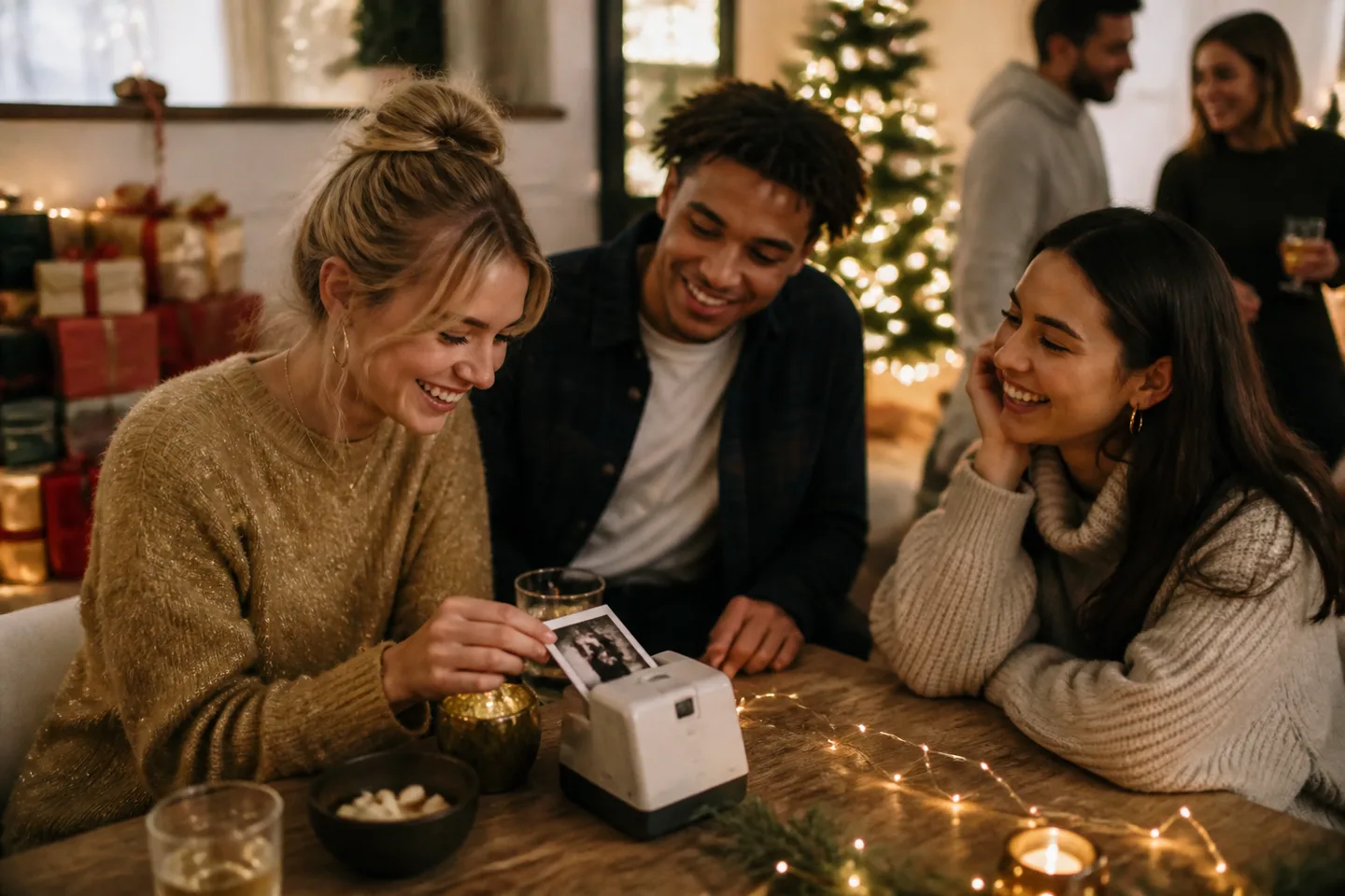 Image spot: friends passing the camera at a holiday party