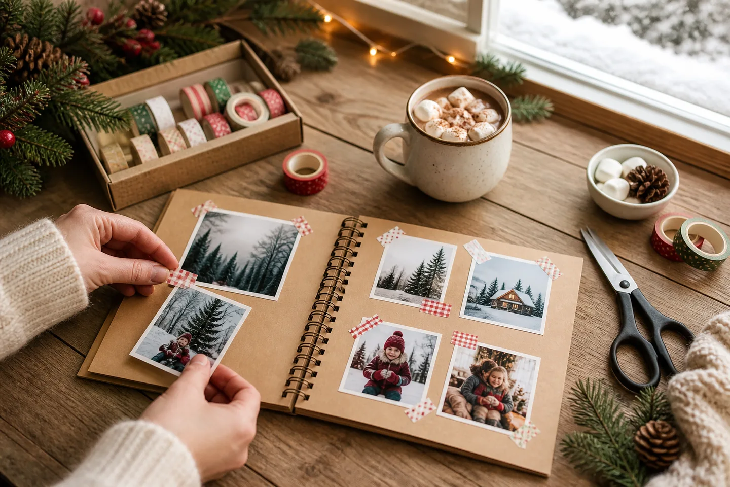Image spot: square prints going into a holiday scrapbook