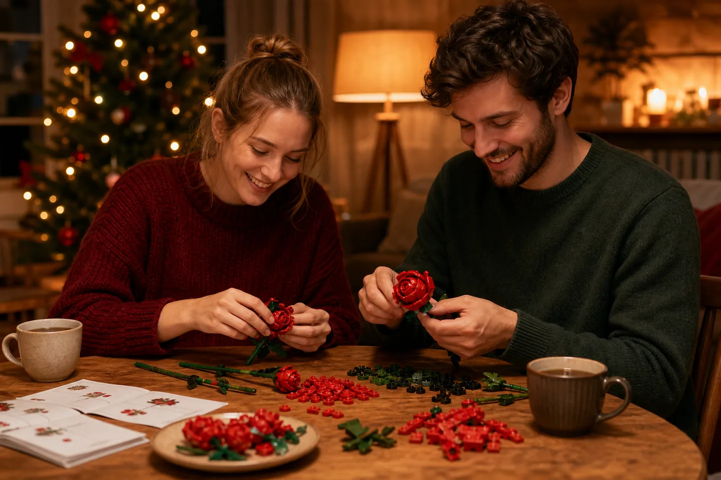 Image spot: two builders assembling brick roses together