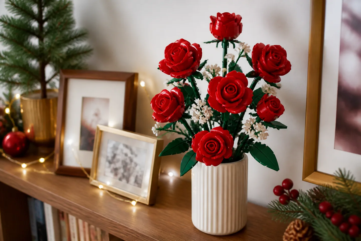 Image spot: the finished bouquet in a vase on a shelf