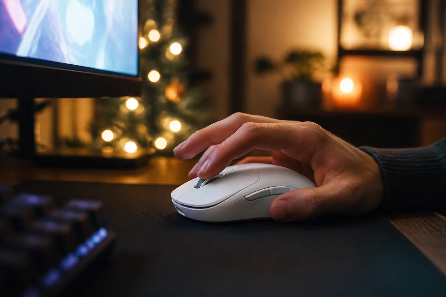 Image spot: the mouse mid-flick on a clean desk pad