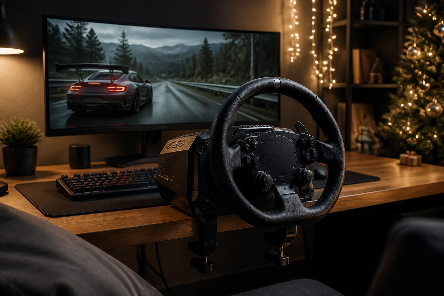 Image spot: the wheel clamped to a desk, race paused on screen