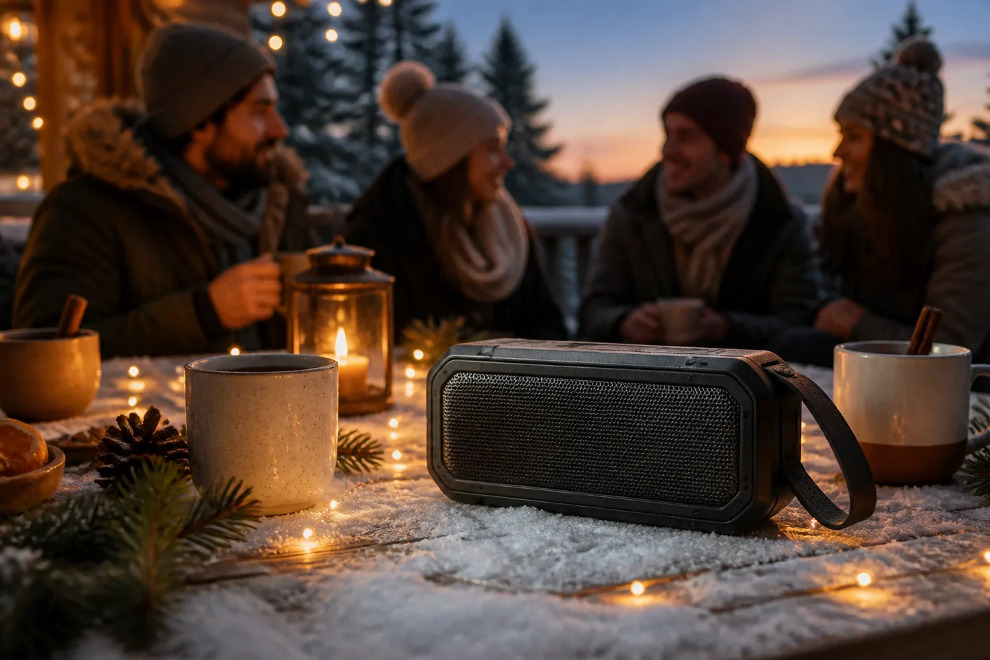 Image spot: the speaker mid-party on a patio table
