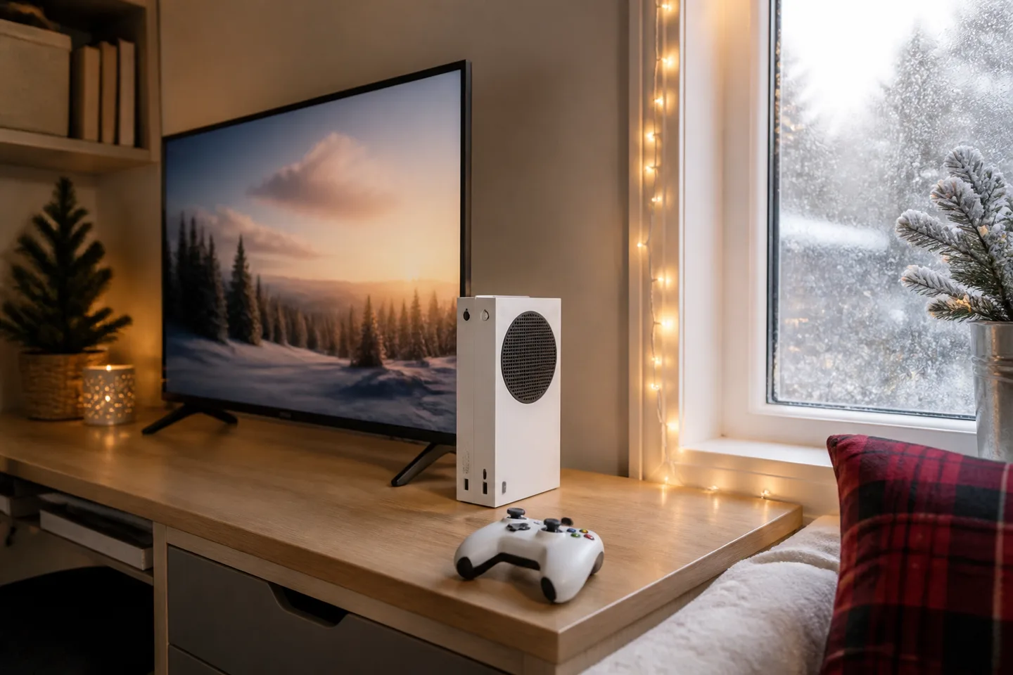 Image spot: the console tucked into a small TV setup