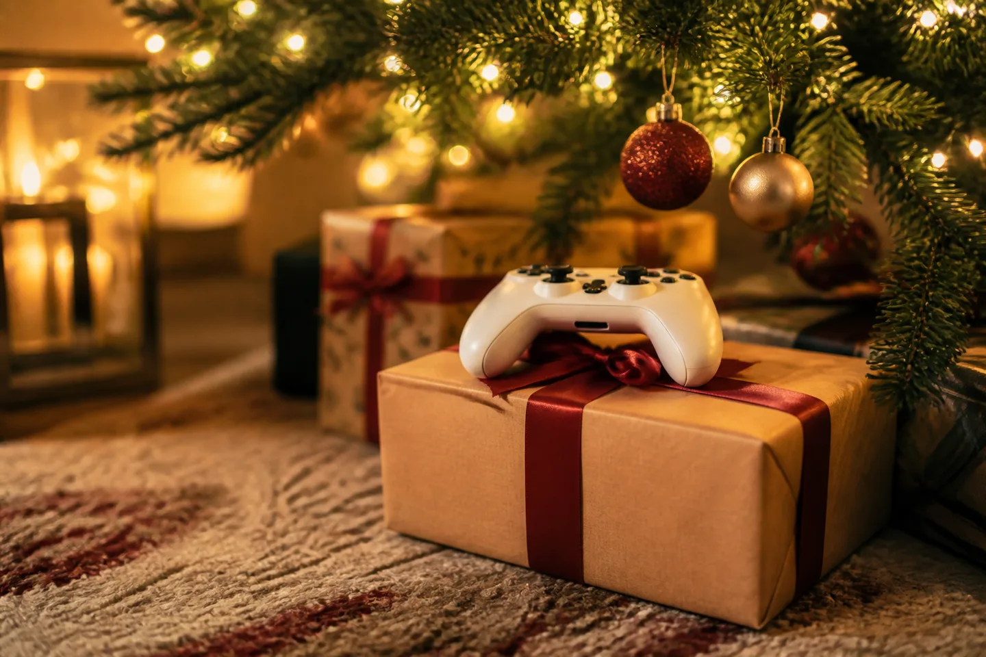 Image spot: a wrapped console box under the tree