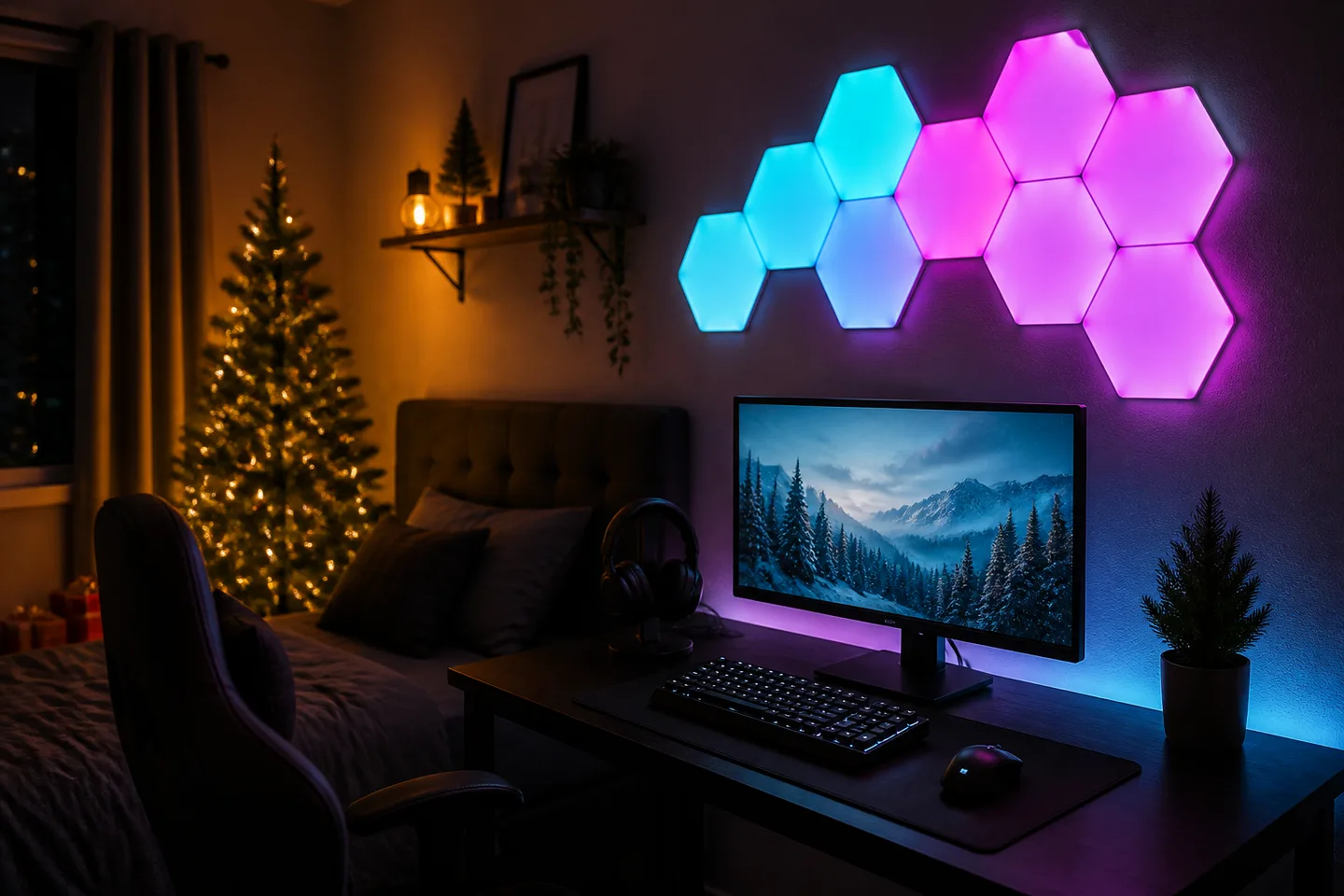 Image spot: the honeycomb glowing over a gaming desk