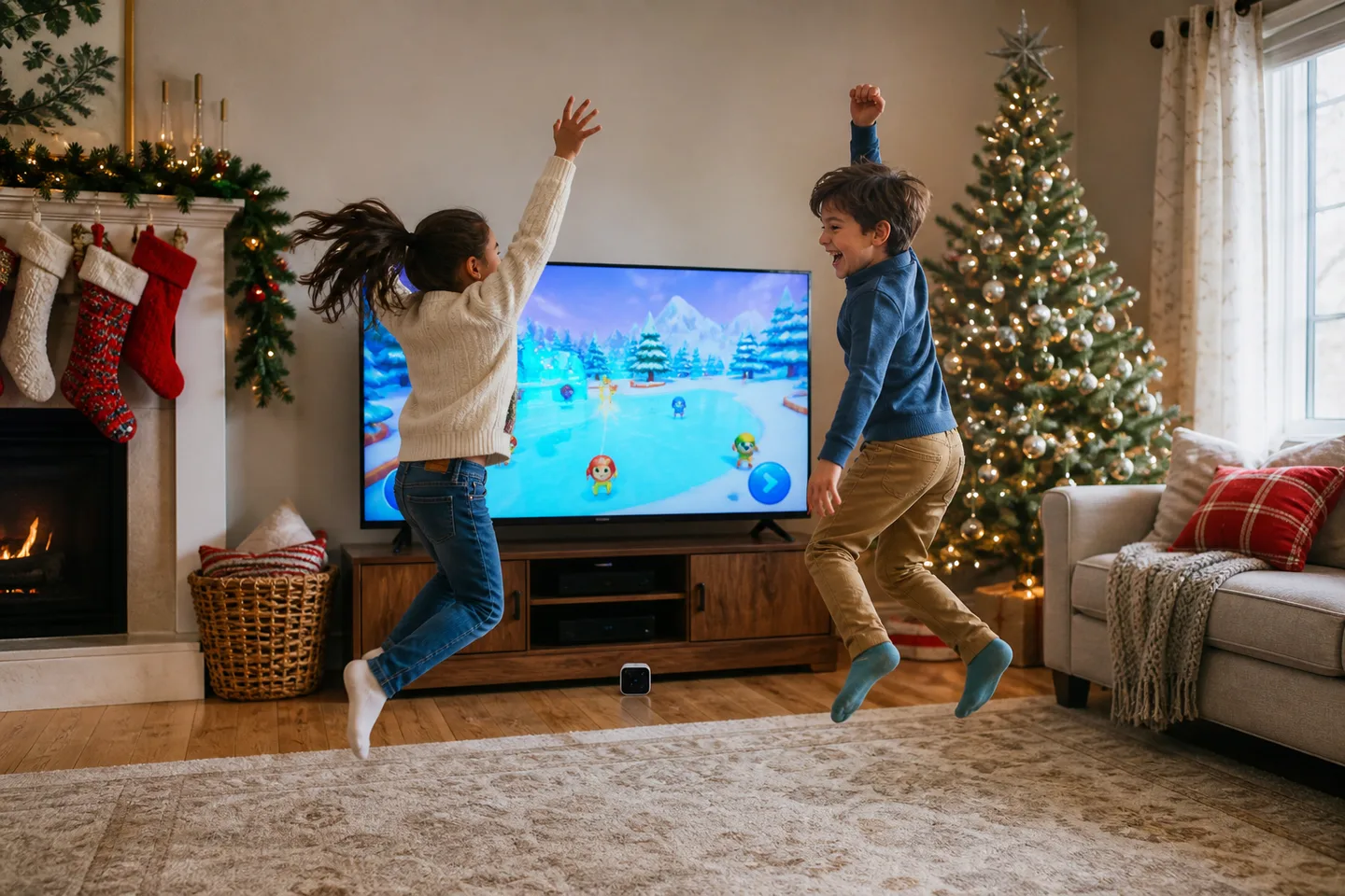 Image spot: kids mid-jump in front of the TV