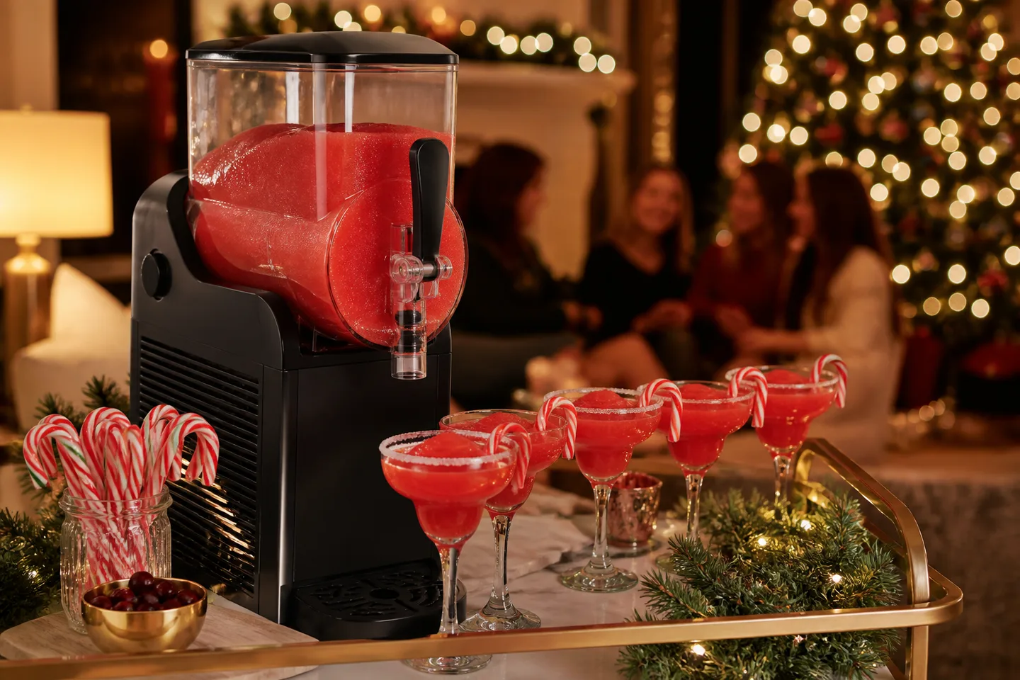 Image spot: bright red slush swirling at a holiday party