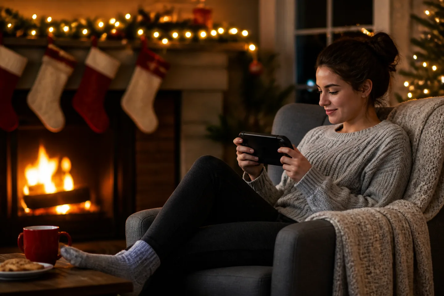 Image spot: handheld gaming by the fireplace