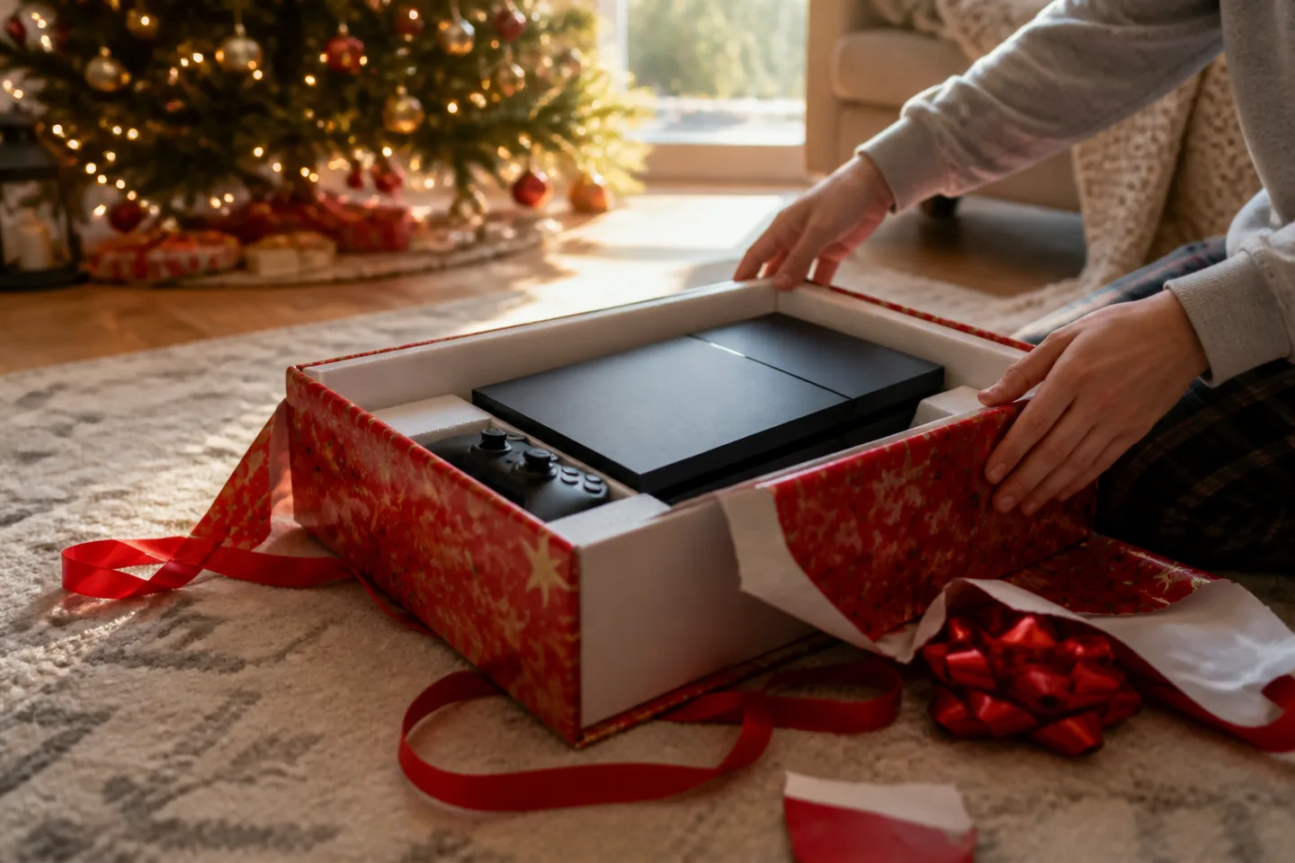 Image spot: the console box mid-unwrap on Christmas morning