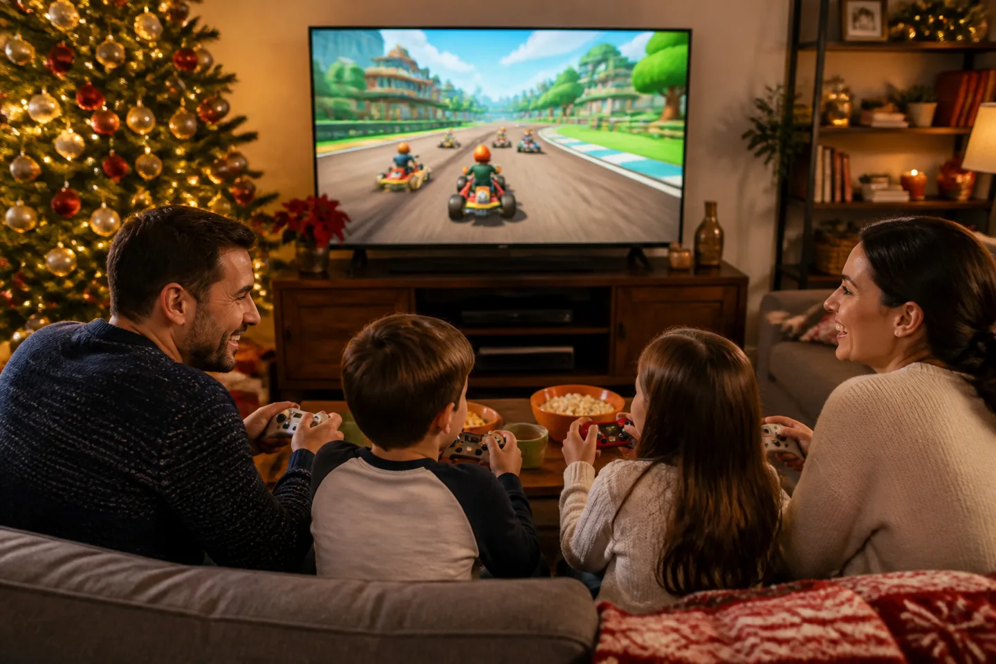Image spot: four players mid-race in the living room