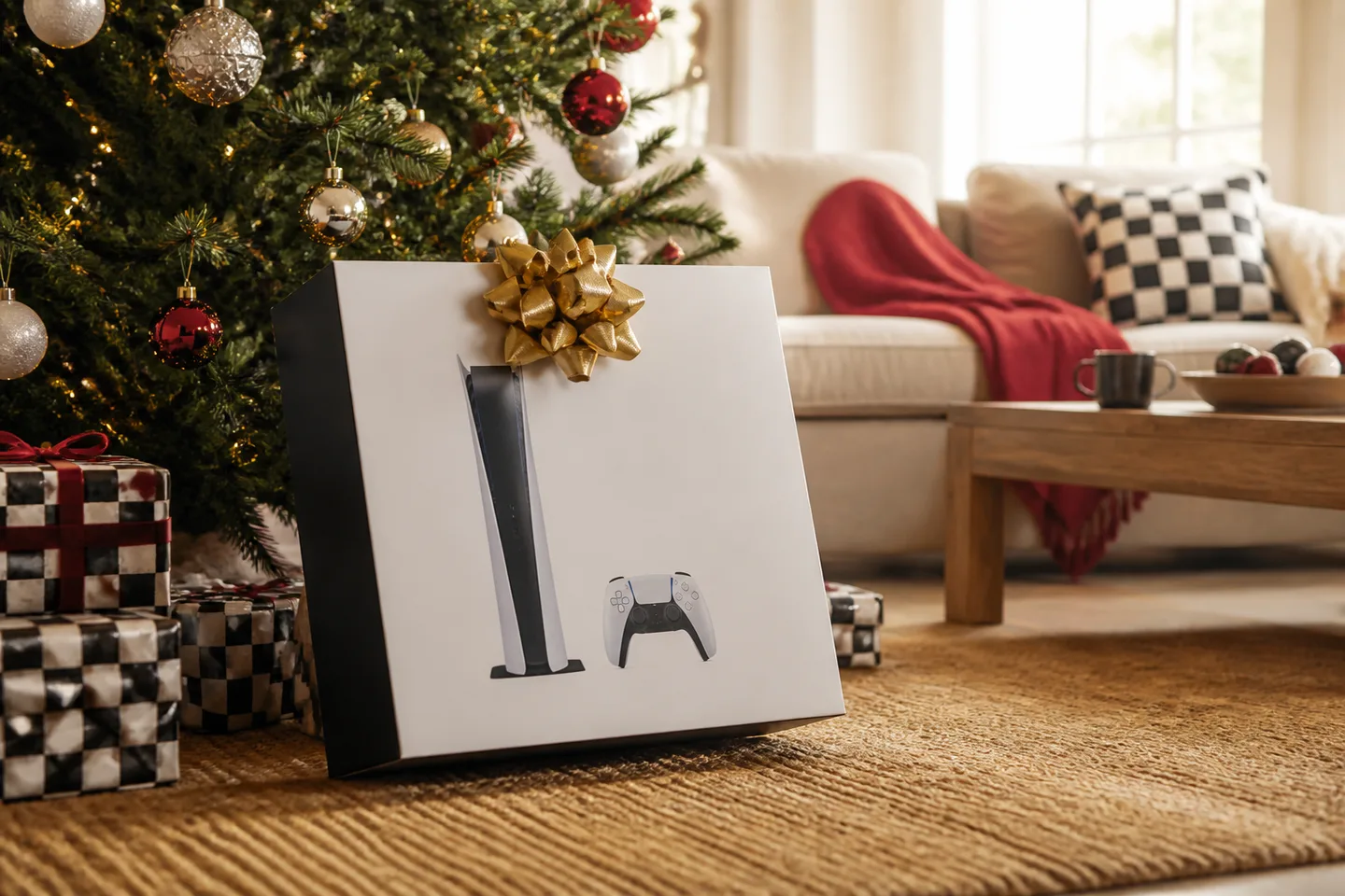 Image spot: the bundle box with a bow beside the tree