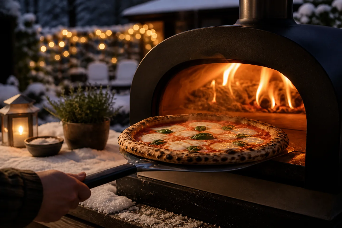 Image spot: a pizza blistering in the oven's glow