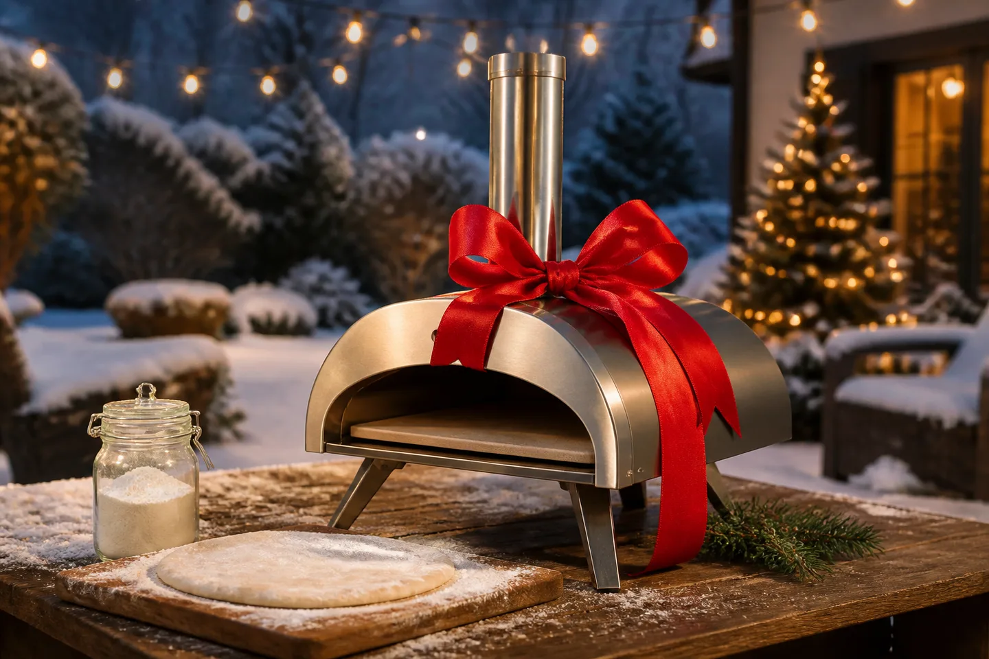 Image spot: the pizza oven ribboned on a winter patio