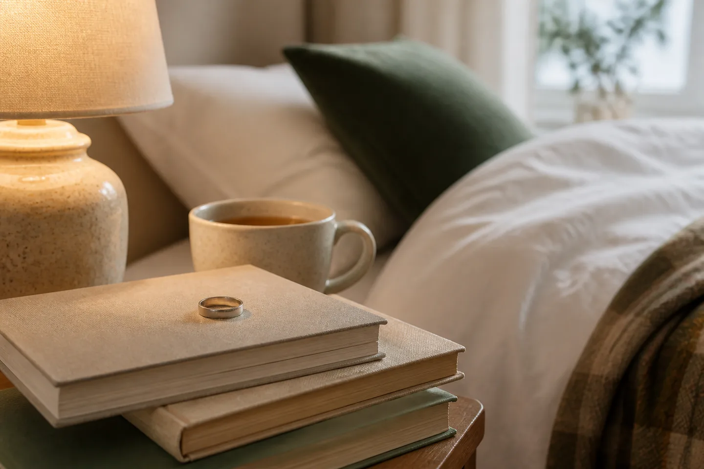 Image spot: the ring resting on a bedside book