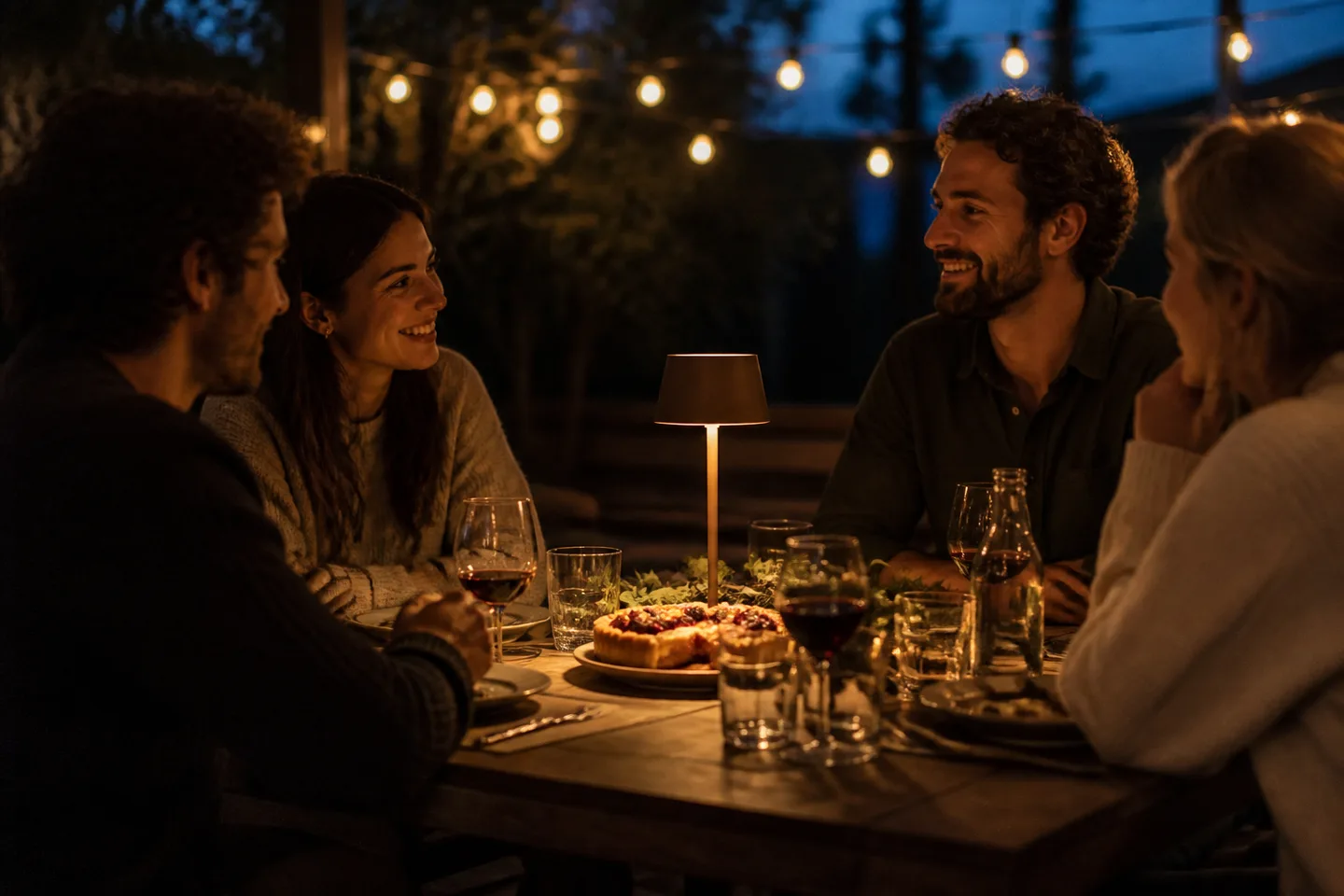 Image spot: the lamp glowing on an evening patio table