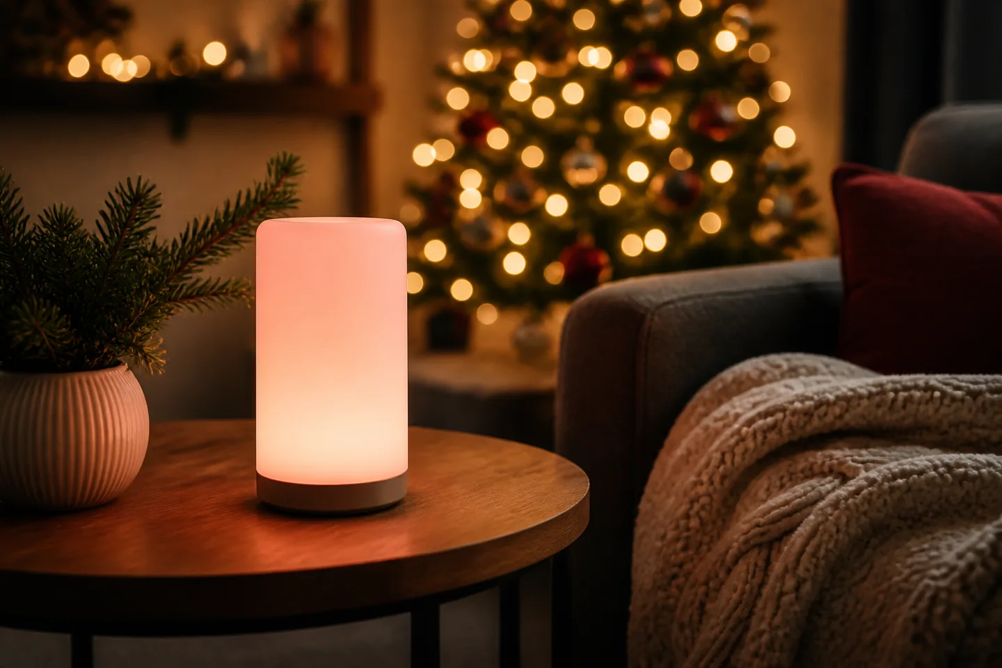 Image spot: the lamp glowing beside the Christmas tree