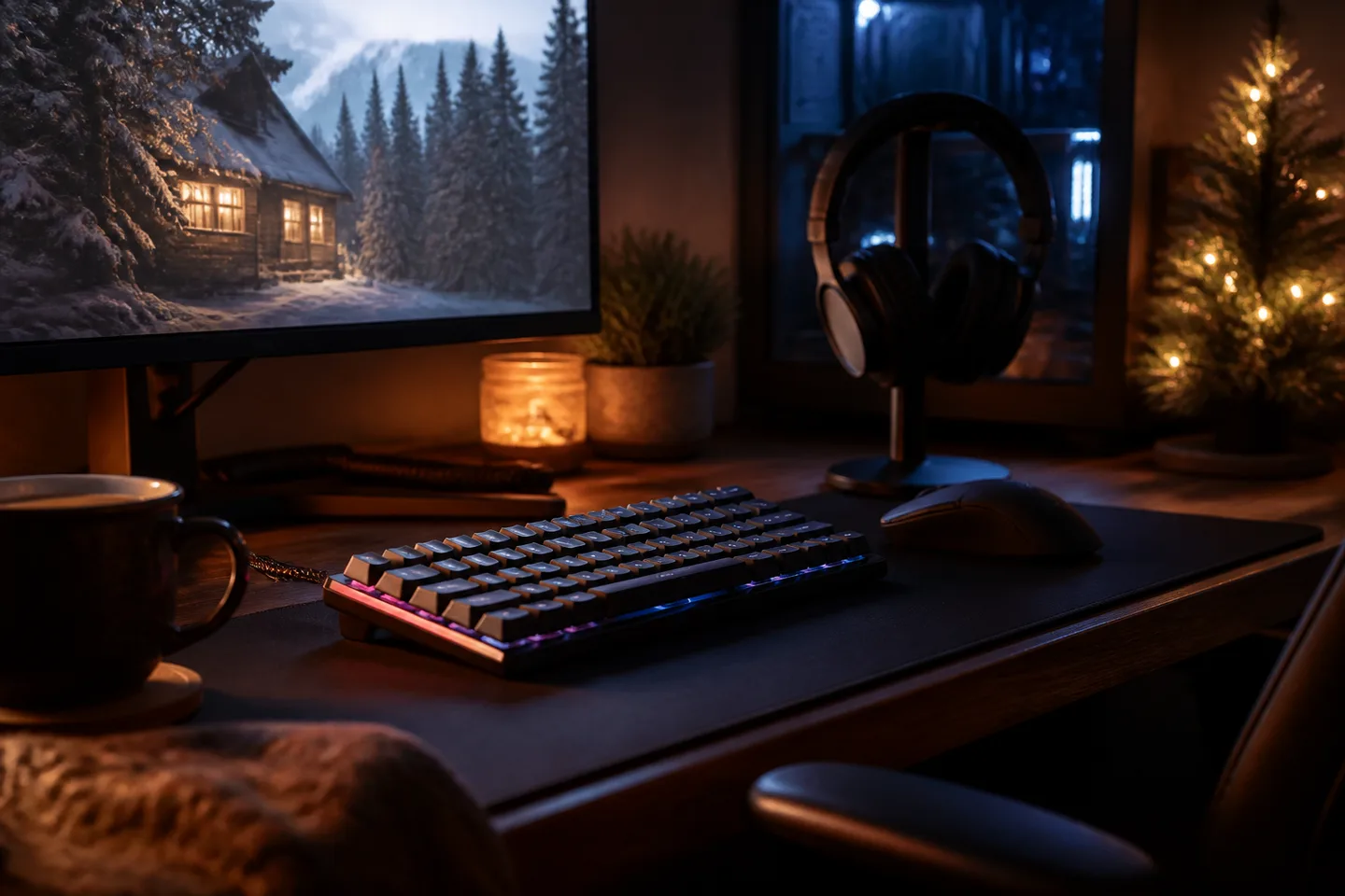Image spot: the keyboard glowing on a battlestation desk