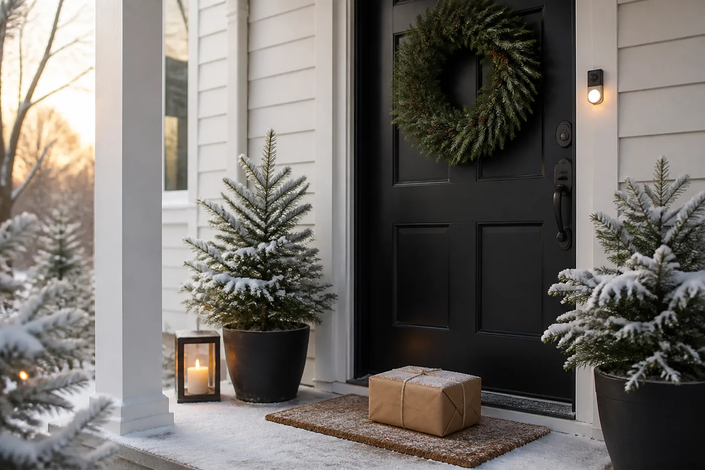 Image spot: a snowy porch with a parcel at the door
