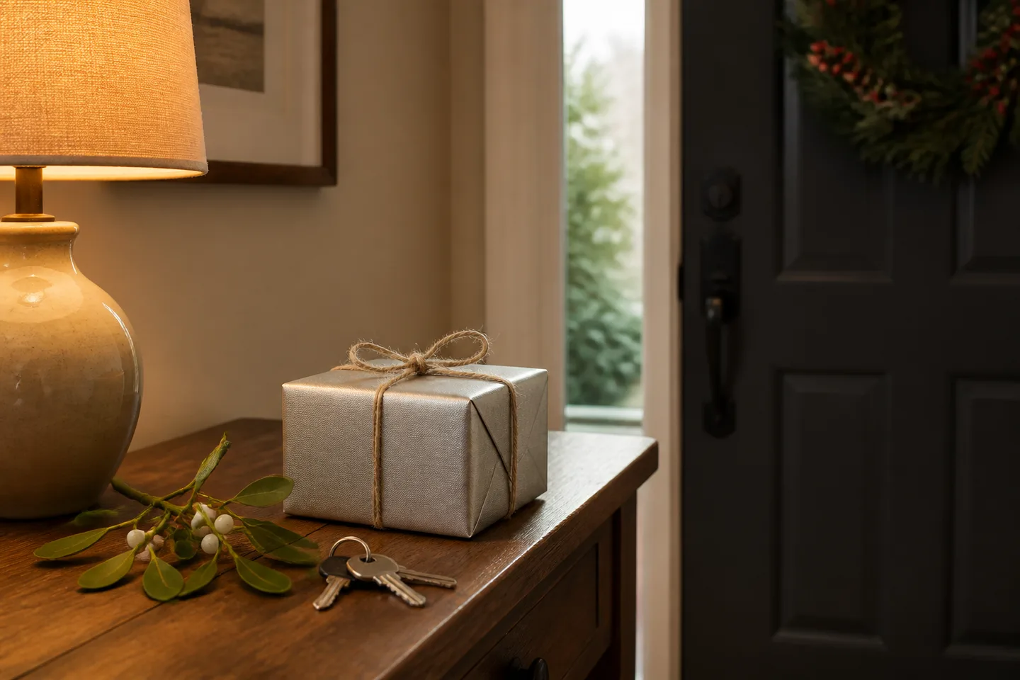 Image spot: a small gift box on the entryway table