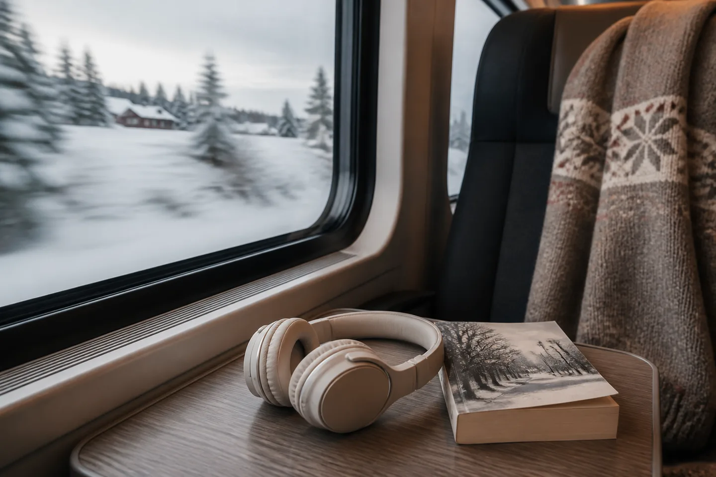 Image spot: headphones resting on a train tray table