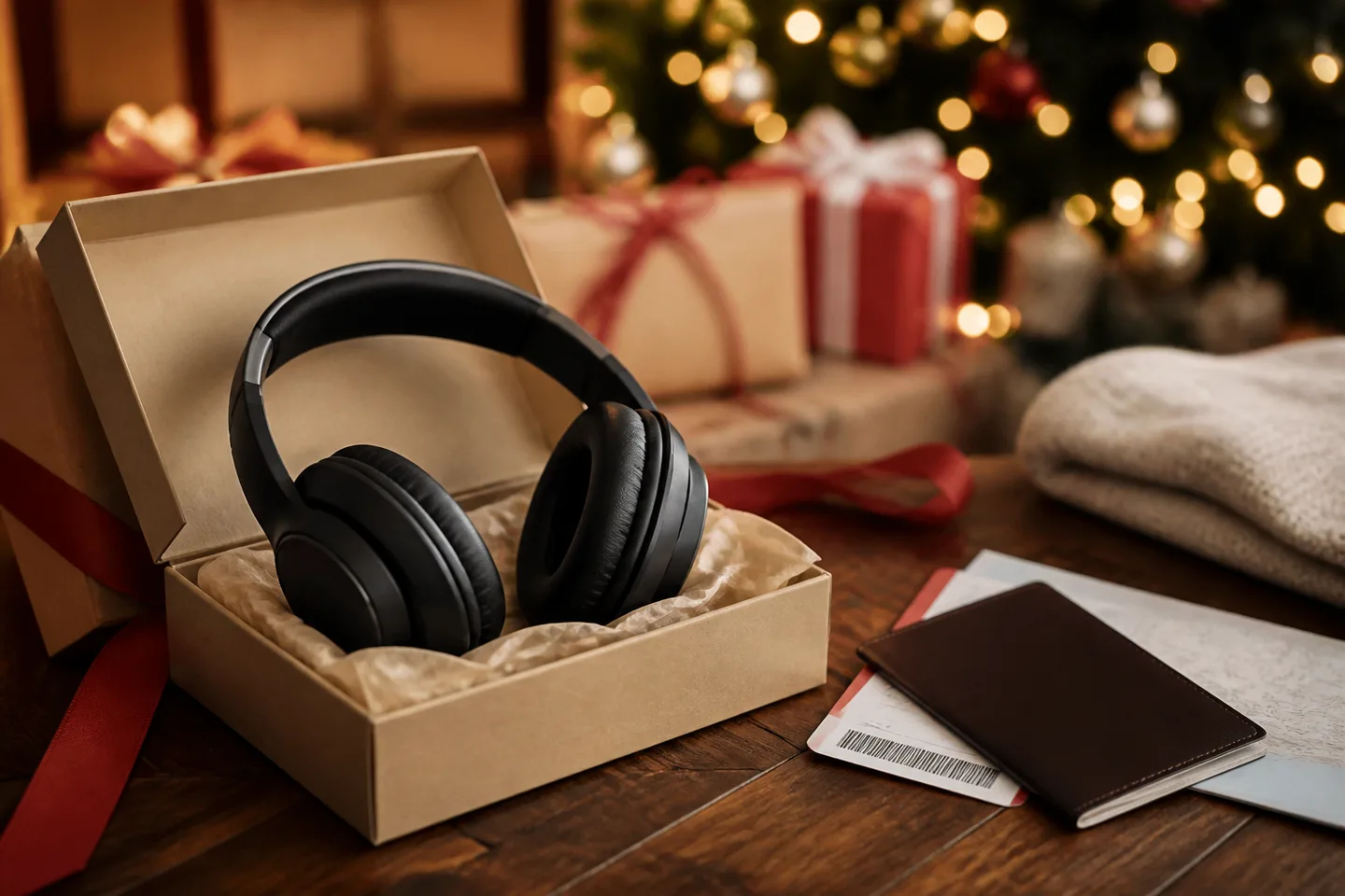 Image spot: headphones boxed with a boarding pass