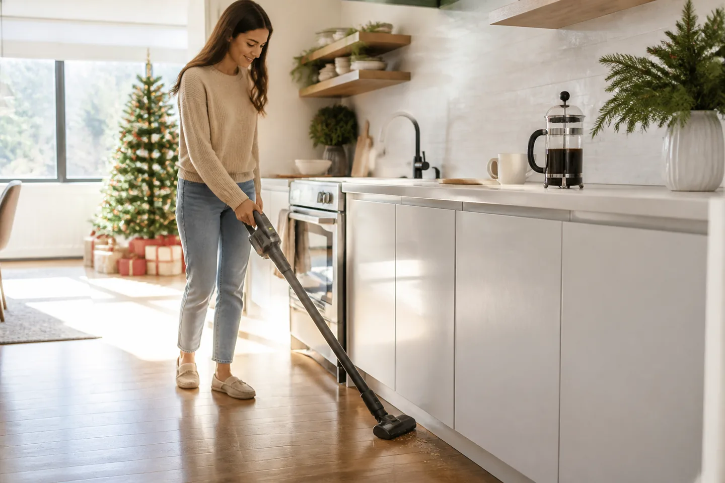 Image spot: the stick vacuum gliding along a kitchen baseboard
