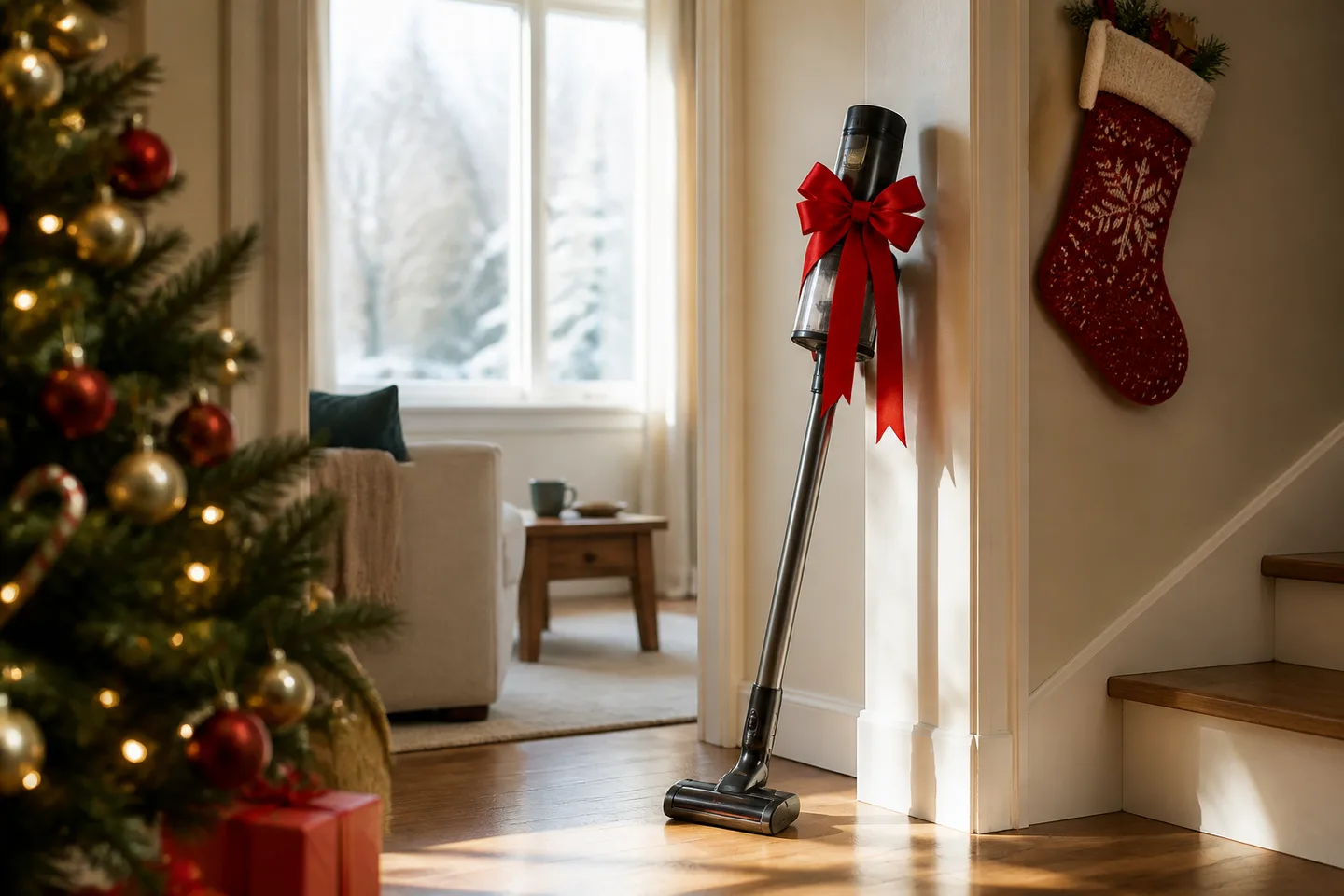 Image spot: the vacuum with a red bow on Christmas morning