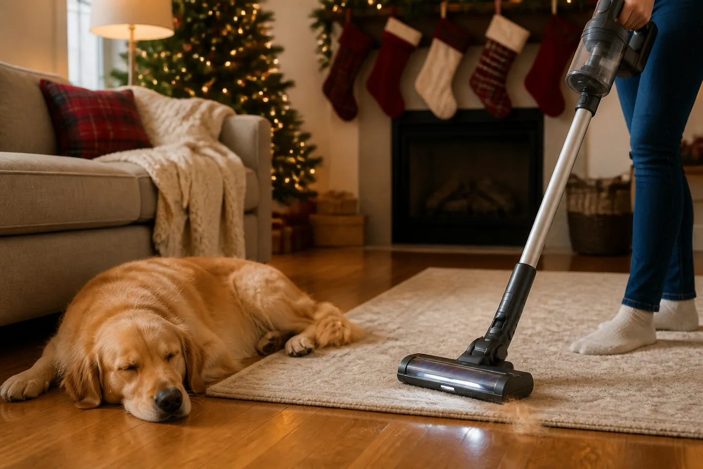 Image spot: vacuuming fur from a rug beside a napping dog