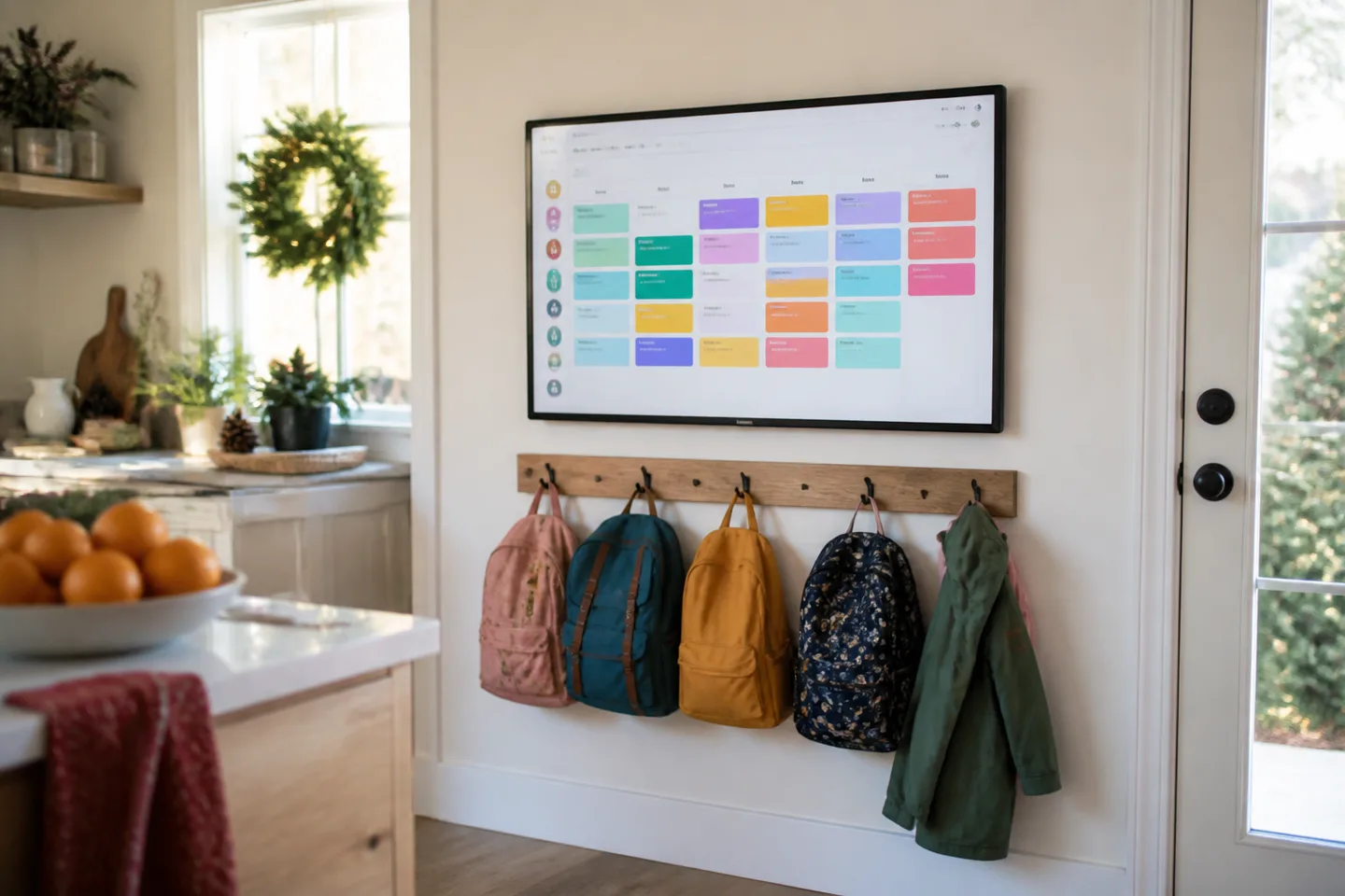 Image spot: the shared calendar anchoring a busy kitchen wall